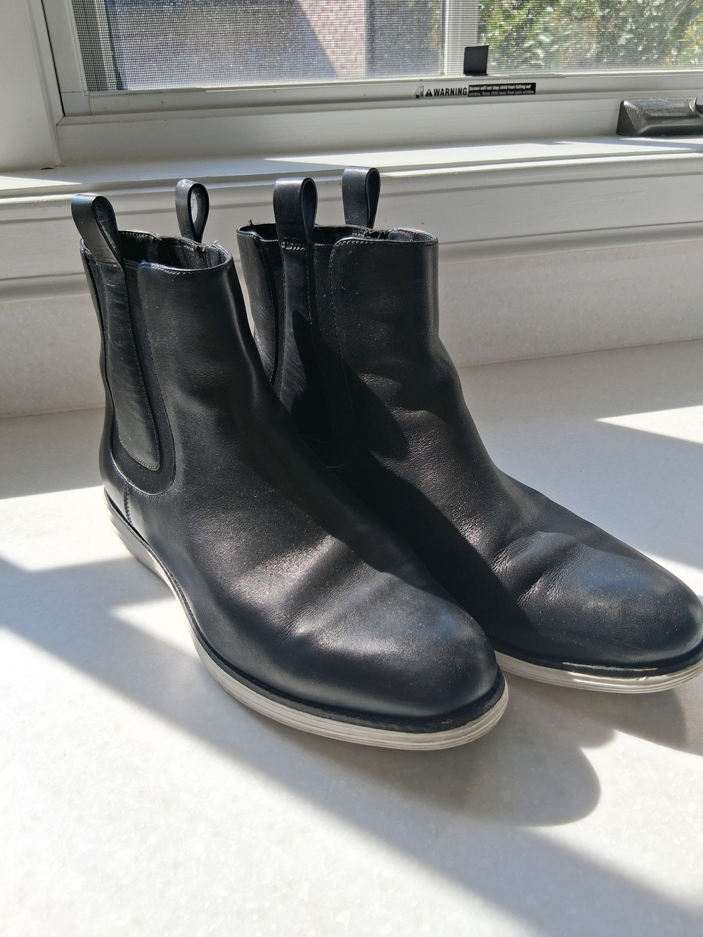 Cole Haan Zerogrand Black Leather Chelsea-Style Ankle Boots with White Trim